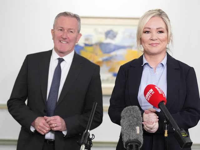 Economy minister Conor Murphy and First Minister Michelle O'Neill speak to the media following the first East-West Council meeting at Dover House in London. The party now holds key ministerial briefs at Stormont including economy and finance. Photo: Stefan Rousseau/PA Wire