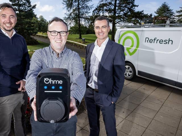 A Belfast-based energy services business which helps homeowners reduce their carbon emissions has secured a £200,000 loan from the Investment Fund for Northern Ireland. Pictured is Jack Peel, finance director of Refresh NI with Mark Sterritt, British Business Bank's director of Nations and Regions Investment Funds, with Neil McCabe, director of Whiterock. (Image credit: Whiterock)