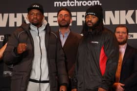 Dillian Whyte, promoter Eddie Hearn, Jermaine Franklin and promoter Dmitry Salita pose for a photograph during a Dillian Whyte v Jermaine Franklin Press Conference at Royal Institute of British Architects on Thursday in London. (Photo by Andrew Redington/Getty Images)