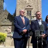 DUP leader Sir Jeffrey Donaldson along with party colleague Gavin Robinson and Emma Little Pengelly outside Stormont Castle after a meeting with the head of the NI Civil Service Jayne Brady