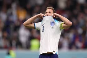 England's Harry Kane reacts after missing a penalty during the FIFA World Cup Qatar 2022 quarter final match against France at Al Bayt Stadium on Saturday in Al Khor, Qatar. (Photo by Julian Finney/Getty Images)