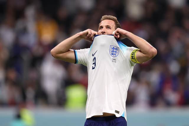 England's Harry Kane reacts after missing a penalty during the FIFA World Cup Qatar 2022 quarter final match against France at Al Bayt Stadium on Saturday in Al Khor, Qatar. (Photo by Julian Finney/Getty Images)