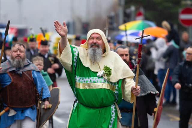 'Saint Patrick' leading the parade through Newry.
Photo: Noel Moan.