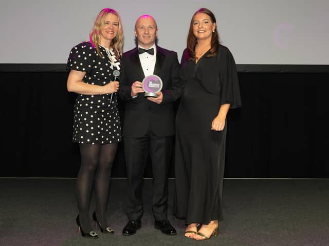 Spar Malone was the sole Northern Ireland winner at the Convenience Awards in Manchester, taking home the Multiple Managed Convenience Store category. Pictured is Convenience Awards 2024 host Edith Bowman with Sam McCann from Henderson Retail and Sunneva Moore from Convenience Store