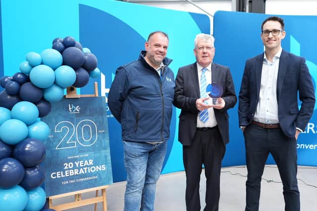 Northern Ireland vehicle conversion firm TBC Conversions (TBC) has become a Ford Pro Certified Partner. Pictured is Gareth Pinkerton, engineering manager at TBC Conversions, Terence Donnelly, Group executive chairman at Donnelly Group and Donavon McKillen, managing director at TBC Conversions