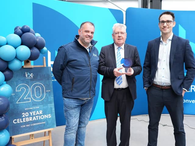 Northern Ireland vehicle conversion firm TBC Conversions (TBC) has become a Ford Pro Certified Partner. Pictured is Gareth Pinkerton, engineering manager at TBC Conversions, Terence Donnelly, Group executive chairman at Donnelly Group and Donavon McKillen, managing director at TBC Conversions