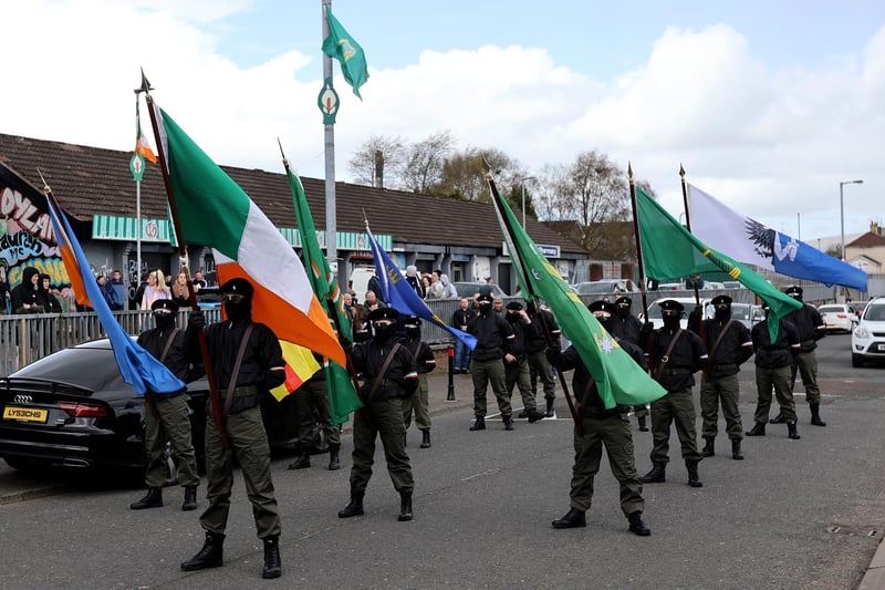 Dissident Republicans on Central Drive in the Creggan area of Londonderry prepare to take part in the Easter Monday parade through the area, where authorities have increased security measures in response to the unnotified parades being held in Derry. Picture date: Monday April 10, 2023.