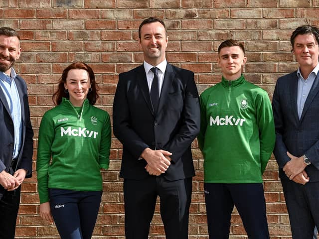 McKeever Sports Selected as official kit supplier for Team Ireland at the Olympic and Paralympic Games in Paris this summer. In attendance at the launch are Paralympics Ireland chief executive Stephen McNamara, Paralympic swimming champion Ellen Keane, McKeever chief executive Padraic McKeever, Olympian Jack Woolley and Olympic Federation of Ireland chief executive Peter Sherrard. Photo by Brendan Moran/Sportsfile