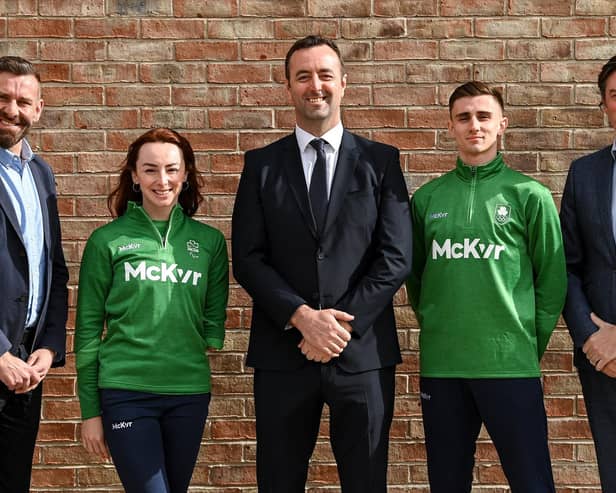 McKeever Sports Selected as official kit supplier for Team Ireland at the Olympic and Paralympic Games in Paris this summer. In attendance at the launch are Paralympics Ireland chief executive Stephen McNamara, Paralympic swimming champion Ellen Keane, McKeever chief executive Padraic McKeever, Olympian Jack Woolley and Olympic Federation of Ireland chief executive Peter Sherrard. Photo by Brendan Moran/Sportsfile