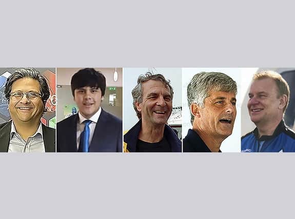 The tragic beaming photographs of the five people who died in the Titan submersible in the Atlantic Ocean this week. From left: Shahzada Dawood, Suleman Dawood, Paul-Henry Nargeolet, Stockton Rush, and Hamish Harding (AP Photo/File)