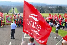 Unite the union workers' protest Stormont in March 2022. Photo: Arthur Allison/Pacemaker Press.