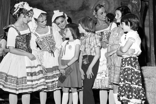 Four little girls, winners of the Evening News 'Dream Machine' competition, went backstage to meet the ballet dancers at the theatre in August 1978.