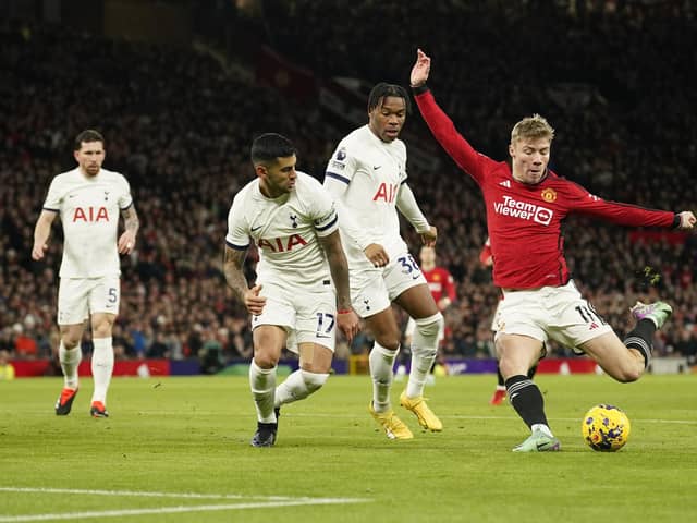 Manchester United's Rasmus Hojlund (right) breaks the deadlock against Tottenham Hotspur. (AP Photo/Dave Thompson)