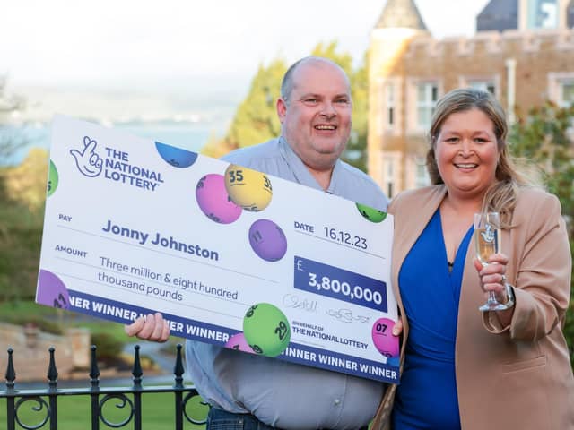 Jonny Johnston and Christina Williams are £3.8m better off after winning in the Lotto draw The couple from County Fermanagh who won £3.8m in the Lotto draw have said the win still "doesn't feel real".Jonny Johnston and Christina Williams found out they won the jackpot just over a week before Christmas.Picture by Matt Mackey / PressEye