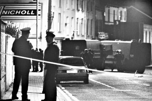 Scene of IRA mortar attack in Londonderry in 1994 which killed one RUC man and injured several others. Photo: Pacemaker