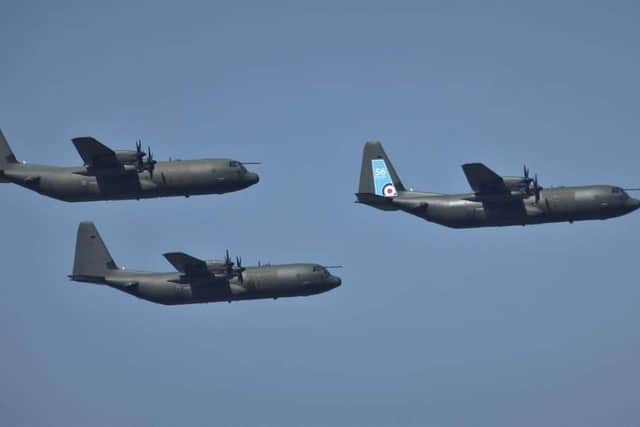 An excellent shot of the three Hercules as they flew over Aldergrove today as part of a UK-wide retirement flight today.
Photo: Noel Eakin.