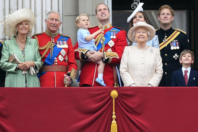 NOTE ALTERNATE CROP (left-right) the Duchess of Cornwall, the Prince of Wales, Prince George, the Duke and Duchess of Cambridge, Queen Elizabeth II, Prince Harry, James Viscount Severn on the balcony at Buckingham Palace following Trooping the Colour at Horse Guards Parade, London.:PA:King Charles lll