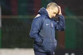 Coleraine manager Oran Kearney during their 6-0 defeat against Glentoran at The Oval. PIC: Desmond Loughery/Pacemaker Press