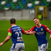 Jamie Mulgrew celebrates his goal for Linfield against Newry City at Windsor Park
