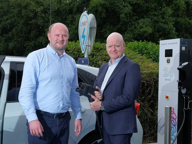 Leading electric vehicle (EV) infrastructure company Weev has partnered with Rushmere Shopping Centre to charge up the retail landscape in Co Armagh by providing four new public charging stations. Pictured are Thomas O'Hagan, CCO, Weev and Martin Walsh, centre manager, Rushmere Shopping Centre