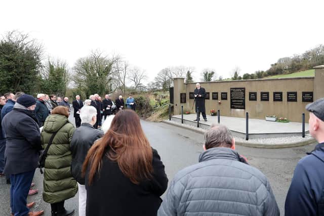 The remembrance service for the Kingsmill Massacre at the memorial wall in south Armagh on 5 January 2023. Ten Protestant men were shot dead by the IRA republicans after their work van was stopped on 5 January 1976.