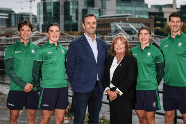 McKvr Sportswear, based in Craigavon, has netted £300k grant from HSBC UK. Pictured are Fintan McCarthy, Lisa O'Rourke, Padraic McKeever, Catherine Tiernan, Aoife O'Rourke and Philip Doyle