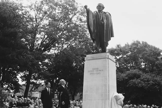 British Prime Minister Harold MacMillan (1894 - 1986) unveiling a statue of British politician David Lloyd-George in Cardiff, Wales, on July 8th, 1960. (Photo by Evening Standard/Hulton Archive/Getty Images)