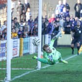 Carrick Rangers goalkeeper Nathan Gartside with a superb save to deny Linfield's Chris Shields off the penalty spot in a 2-2 draw at Taylors Avenue. (Photo by Desmond Loughery/Pacemaker Press)