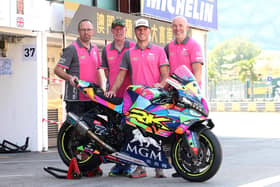 Burrows Engineering/RK Racing team owner John Burrows with Davey Todd and team members Simon Otterson and Robert Burrows. Picture: Stephen Davison/Pacemaker Press
