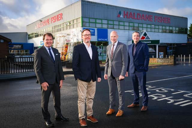 Newry construction industry supplier, Haldane Group, has announced major new plans to invest over £50 million across the business over the next five years. Pictured are Ian Haldane, chairman of Haldane Group, David Haldane, chief executive of Haldane Group, Brian McAuley, managing director Haldane Fisher Northern Ireland and Simon Walling who will lead the Haldane Fisher brand in England and the Isle of Man, as well as GE Robinson