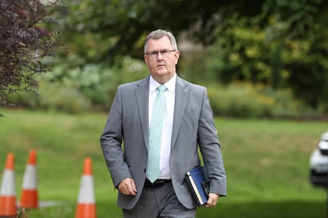 DUP leader Sir Jeffery Donaldson arriving at Stormont Castle in Belfast, to meet the head of the Northern Ireland Civil Service, Jayne Brady. Photo: Liam McBurney/PA Wire