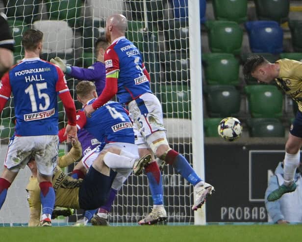 Coleraine’s Matthew Shevlin scores late on to level the game at Windsor Park 2-2 and deal a blow to the title bid by Linfield. (Photo by Inpho/Stephen Hamilton)