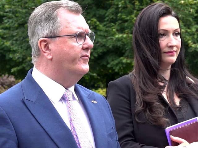 DUP leader Sir Jeffrey Donaldson and MLA Emma Little-Pengelly, speaking to the media at Stormont Castle, in Belfast, following the latest round of political talks with the head of the Northern Ireland Civil Service, Jayne Brady. Pic: Jonathan McCambridge/PA Wire