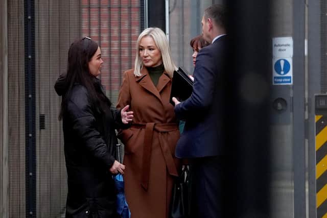 First Minister Michelle O'Neill, pictured leaving leaves Musgrave Street police station in Belfast this afternoon, walked out of a Stormont scrutiny committee after heated exchanges with the DUP and TUV., Photo: Brian Lawless/Press Association