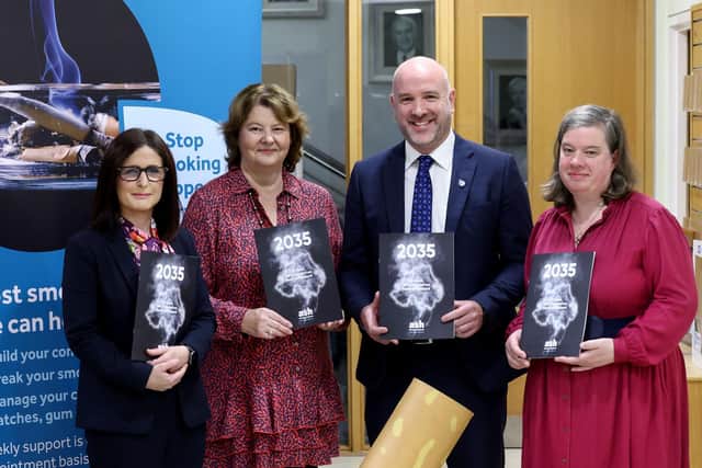 From left, Paula Bradshaw MLA, Chair, Stormont All Party Group on Cancer; Dr Bernadette Cullen, Chair of ASH NI; Richard Spratt, Chief Executive, Cancer Focus NI, and Naomi Thompson, Health Improvement Manager, Cancer Focus Northern Ireland.