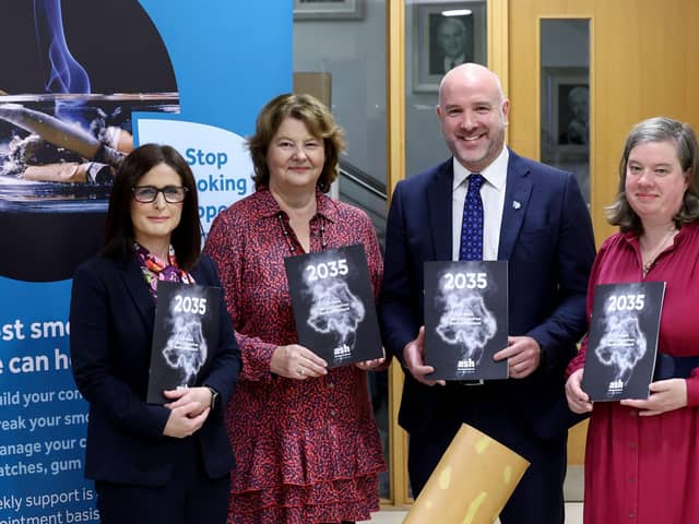From left, Paula Bradshaw MLA, Chair, Stormont All Party Group on Cancer; Dr Bernadette Cullen, Chair of ASH NI; Richard Spratt, Chief Executive, Cancer Focus NI, and Naomi Thompson, Health Improvement Manager, Cancer Focus Northern Ireland.