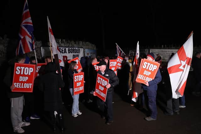 Protesters outside Larchfield Estate where the DUP are holding a private party meeting, they called for the DUP not to go back into Stormont until the Irish Sea Border is removed. Picture date: Monday January 29, 2024. Photo: Liam McBurney/PA Wire
