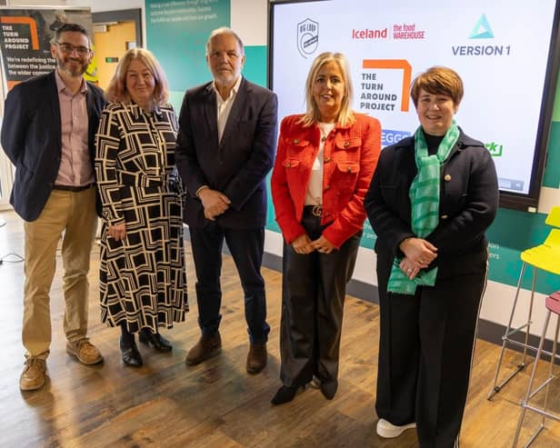 Companies from across Northern Ireland have been exploring the benefits of hiring people leaving the justice system. Pictured are Richard Good, director at the Turnaround Project, Lorna McAdoo, head of ESG at Version 1, Paul Cowley, director of rehabilitation at Iceland, Mairead Hylands, commercial director at Version 1 and Roisin Currie, CEO of Greggs plc