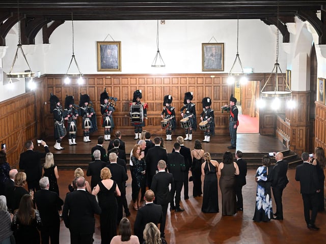 The Campbell College Pipe Band perform at the drinks reception before the OC Ball organised by the Old Campbellian Society.