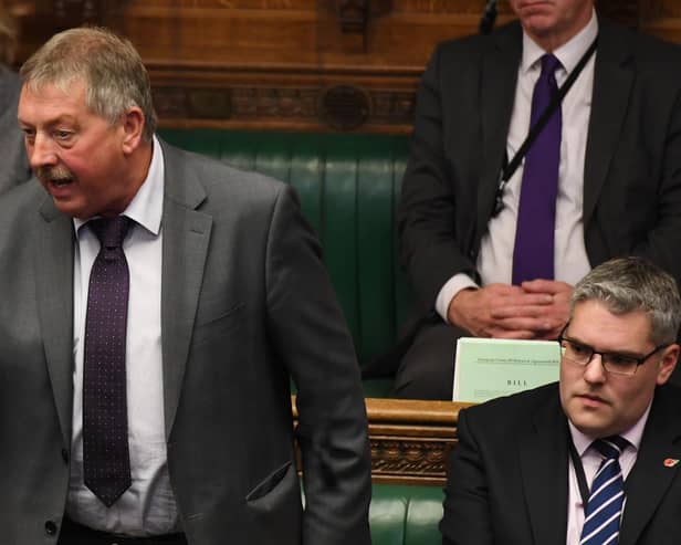 DUP MP Sammy Wilson, speaking alongside Gavin Robinson MP in the House of Commons, on a Brexit Withdrawal Agreement Bill debate in 2019. Both DUP men have raised issues around the Windsor Framework's limit on the ability of the UK government to legislate in Northern Ireland on issues such as immigration. Credit UK Parliament/Jessica Taylor