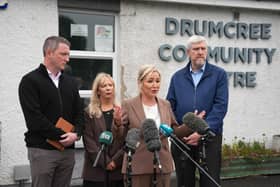 John Finucane, Catherine Nelson, First Minister Michelle O'Neill and John O'Dowd speaking to the media near Garvaghy Road, Portadown, after the High Court quashed a decision by the Parades Commission to impose restrictions on the annual Orange Order parade at Drumcree. Pic: Niall Carson/PA Wire