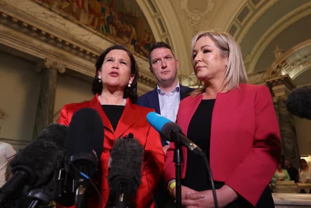 President Mary Lou McDonald (left) and Sinn Fein Vice President Michelle O'Neill (right) speak to the media at Belfast City Hall as results continue to come in for the Northern Ireland local elections