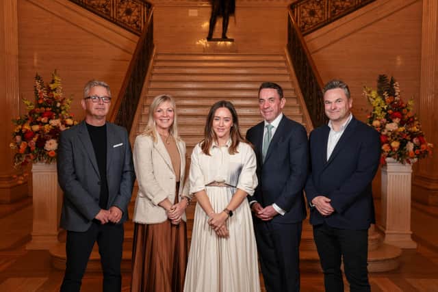 Bank of Ireland celebrates 200 years since opening first branches in Northern Ireland. Pictured is Greg Darby, managing director, Yellow Moon, Suzanne Wylie, CEO, NI Chamber of Commerce, Gail Goldie, CEO, Bank of Ireland UK, Myles O’Grady, CEO, Bank of Ireland Group, Declan Lawn, award winning director and writer