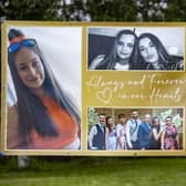 A banner with pictures of Chloe Mitchell at King George's Park in Harryville, Ballymena, in remembrance of the 21-year-old. Photo: Liam McBurney/PA Wire