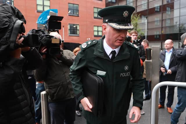Police Service of Northern Ireland Deputy Chief Constable Mark Hamilton arriving at James House in Belfast for a special meeting of the Policing Board