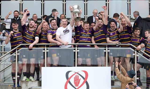 Instonians celebrate Senior Cup final success over Queen's at Kingspan Stadium. (Photo by Stephen Davison/Pacemaker)