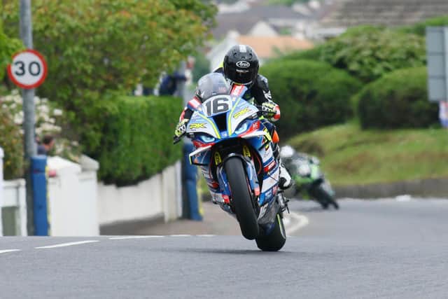 Mike Browne on the Burrows Engineering/RK Racing BMW Superbike at the North West 200