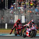 Epic race for victory in the Thailand MotoGP between eventual winner Jorge Martin (89), Brad Binder and Pecco Bagnaia.