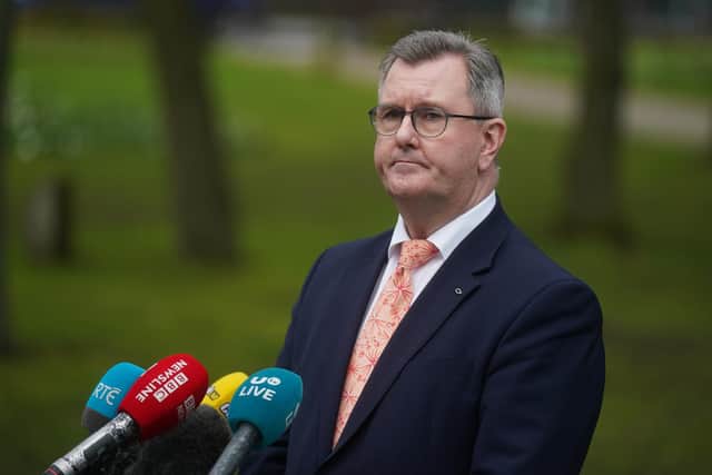 DUP leader Sir Jeffrey Donaldson, speaks to the media in Lisburn, following his meeting at Stormont with Tanaiste Micheal Martin. Picture date: Friday February 3, 2023.