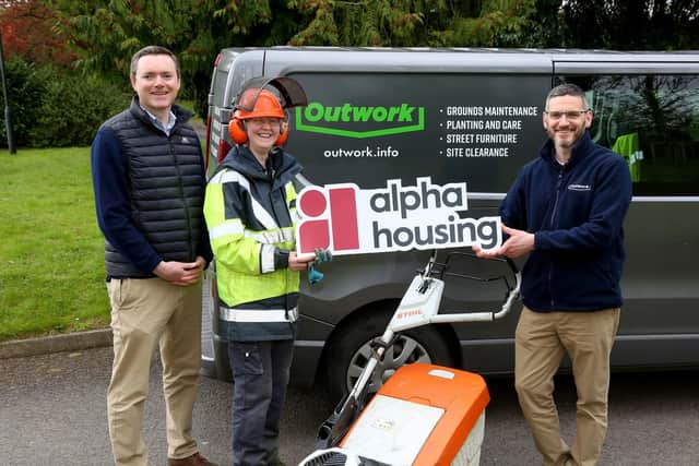 Alpha Housing has re-appointed social enterprise Outwork to provide grounds maintenance on their 30 sites across Northern Ireland until at least mid-2024. Pictured are Cameron Watt, chief executive, Alpha Housing, Valerie Stewart, supervisor, Outwork and Richard Good, director, The Turnaround Project